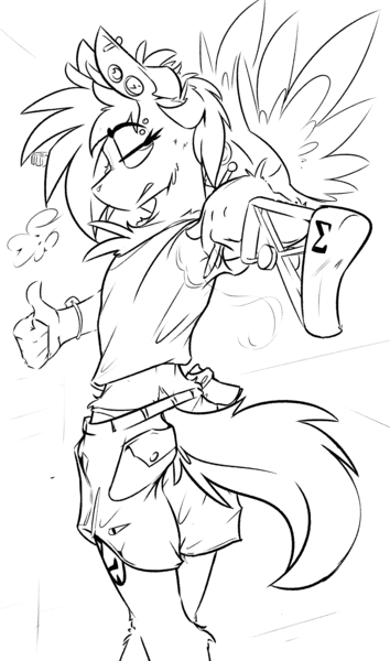 Size: 3062x5193 | Tagged: anthro, artist:ralek, black and white, blunt, clothes, derpibooru import, ear piercing, gauges, grayscale, gun, handgun, implied drug use, looking back, midriff, monochrome, oc, oc:sapphire sights, pants, piercing, pistol, rifle, safe, sagging, shorts, sketch, smoking, sniper, unofficial characters only, weapon