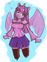 Size: 1024x1357 | Tagged: alicorn, artist:kawaiikitten97, blouse, clothes, cute, derpibooru import, eared humanization, grin, heart, horned humanization, human, humanized, moe, safe, shoulderless, sketch, skirt, smiling, solo, stockings, thigh highs, twilight sparkle, twilight sparkle (alicorn), winged humanization, wings, zettai ryouiki