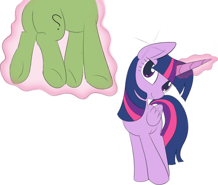 Size: 1299x1107 | Tagged: artist needed, safe, color edit, derpibooru import, edit, twilight sparkle, twilight sparkle (alicorn), oc, oc:anon, alicorn, pony, anon pony, background removed, colored, female, floating, folded wings, glowing horn, head tilt, horn, implied transformation, levitation, magic, simple background, smiling, standing, telekinesis, transparent background