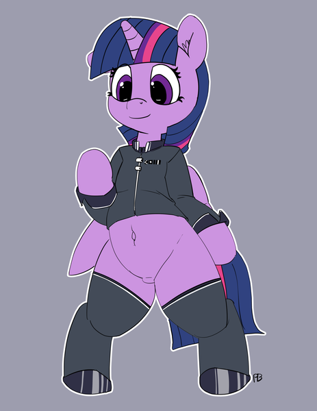 Size: 3857x5000 | Tagged: suggestive, artist:pabbley, derpibooru import, twilight sparkle, twilight sparkle (alicorn), alicorn, pony, semi-anthro, belly button, bipedal, bottomless, clothes, featureless crotch, female, mare, partial nudity, simple background, solo, uniform