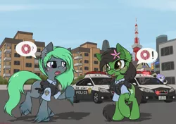 Size: 2457x1733 | Tagged: safe, artist:orang111, derpibooru import, oc, oc:chicory, oc:prickly pears, oc:sweet skies, unofficial characters only, pony, building, car, city, cityscape, donut, flower, flower in hair, food, glasses, japan, japanese, police, police car, police officer, police uniform, subaru, subaru legacy, tochigi prefecture, tokyo tower, unshorn fetlocks