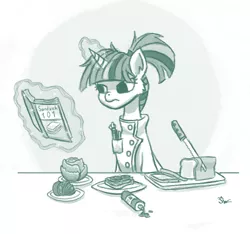 Size: 900x844 | Tagged: safe, artist:sensko, derpibooru import, twilight sparkle, pony, book, bread, clothes, food, for science, knife, lab coat, lettuce, monochrome, ponytail, sandwich, simple background, solo, tomato, white background