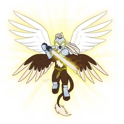 Size: 1280x1280 | Tagged: safe, artist:wiggles, derpibooru import, oc, oc:gwynn, unofficial characters only, gryphon, angelic, armor, female, final form, flying, four wings, glowing eyes, helmet, light is not good, ponytail, simple background, sword, transparent background, uberization, weapon, wings