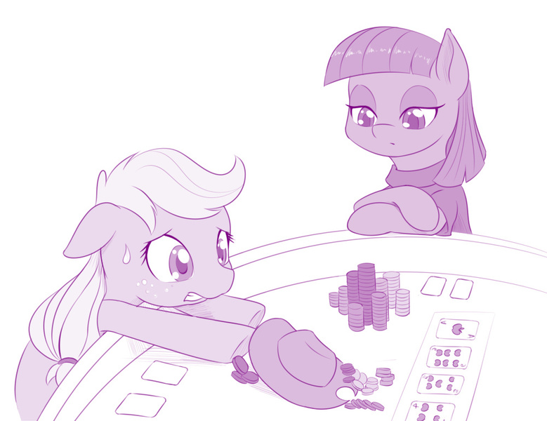 Size: 1000x770 | Tagged: safe, artist:dstears, derpibooru import, applejack, maud pie, earth pony, pony, atg 2017, cowboy hat, duo, floppy ears, gambling, hat, monochrome, nervous, newbie artist training grounds, poker, poker chips, poker table, purple, simple background, sweat, sweatdrop, white background