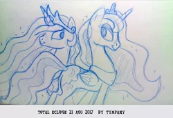 Size: 1024x700 | Tagged: safe, artist:tim-kangaroo, derpibooru import, princess celestia, princess luna, alicorn, pony, alicorn eclipse, blue, caption, duo, eclipse, female, looking at each other, luna eclipsing celestia, mare, monochrome, pun, simple background, sketch, smiling, solar eclipse, visual pun, white background