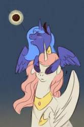 Size: 500x756 | Tagged: safe, artist:pumpkabooo, derpibooru import, princess celestia, princess luna, alicorn, pony, blushing, covering eyes, eclipse, exclamation point, female, horn, jewelry, mare, open mouth, regalia, smiling, solar eclipse, spread wings, wings, younger
