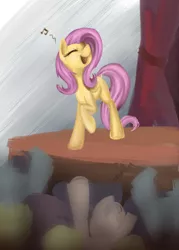 Size: 900x1260 | Tagged: safe, artist:zetamad, derpibooru import, fluttershy, pony, atg 2017, audience, eyes closed, folded wings, newbie artist training grounds, raised hoof, singing, smiling, solo, stage