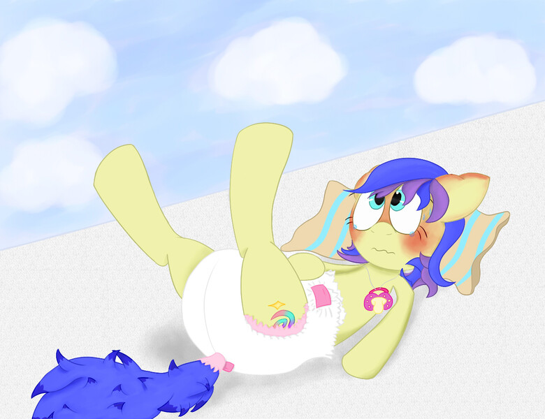 Size: 1300x1000 | Tagged: questionable, artist:justanothersomepony, derpibooru import, oc, oc:trance wave, unofficial characters only, pony, blushing, diaper, diaper fetish, fetish, on back, pacifier, solo