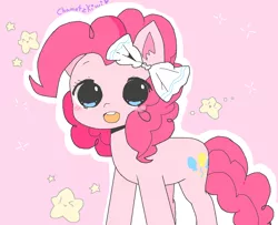 Size: 1346x1092 | Tagged: safe, artist:chametzkiwi, derpibooru import, pinkie pie, pony, bow, cute, happy, solo