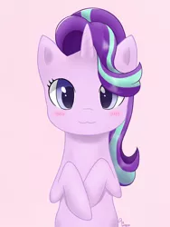 Size: 1200x1600 | Tagged: safe, artist:zoxriver503, derpibooru import, starlight glimmer, pony, unicorn, :3, blushing, bust, cute, glimmerbetes, looking at you, pink background, simple background, solo, weapons-grade cute