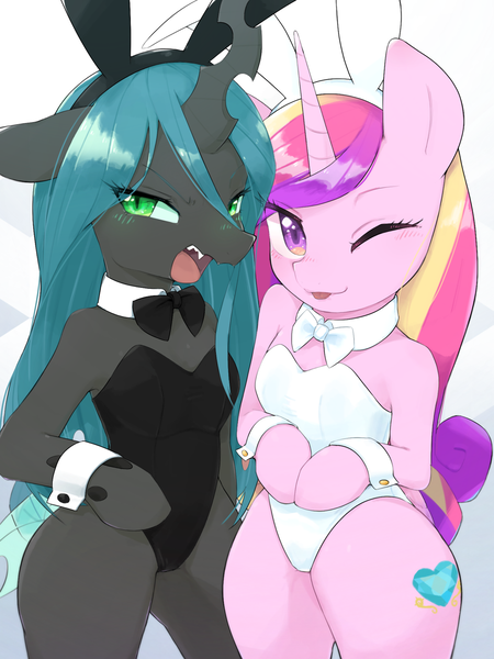 Size: 960x1280 | Tagged: suggestive, artist:30clock, derpibooru import, princess cadance, queen chrysalis, alicorn, anthro, changeling, changeling queen, semi-anthro, adorasexy, bipedal, blushing, bowtie, breasts, bunny ears, bunny suit, chestbreasts, clothes, cute, cutealis, cutedance, cutie mark, duo, duo female, eyebrows, eyelashes, fangs, female, females only, green eyes, horn, insect wings, leotard, looking at you, mare, one eye closed, open mouth, playboy bunny, purple eyes, royalty, sexy, small breasts, stupid sexy chrysalis, stupid sexy princess cadance, teeth, tongue out, wings, wink