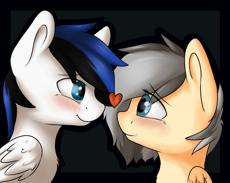 Size: 1024x813 | Tagged: safe, artist:dbleki, derpibooru import, oc, oc:schimy, oc:wolfix, unofficial characters only, pegasus, pony, black background, bust, female, heart, male, mare, oc x oc, portrait, shipping, simple background, stallion, straight