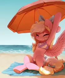 Size: 2278x2728 | Tagged: safe, artist:aphphphphp, derpibooru import, oc, oc:bay breeze, unofficial characters only, pegasus, pony, semi-anthro, armpits, beach, beach umbrella, bikini, bow, clothes, cute, eyes closed, female, hair bow, mare, ocbetes, solo, stretching, swimsuit, umbrella, underhoof, water