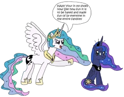 Size: 3272x2568 | Tagged: safe, artist:supahdonarudo, derpibooru import, princess celestia, princess luna, alicorn, pony, a royal problem, angry, dialogue, meta, scrunchy face, simple background, speech bubble, swapped cutie marks, transparent background, vector