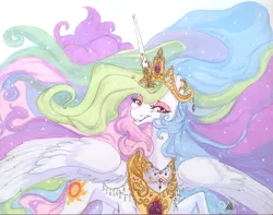 Size: 1280x1011 | Tagged: safe, artist:candasaurus, derpibooru import, edit, princess celestia, alicorn, pony, female, jewelry, mare, modified accessory, raised hoof, smiling, solo, spread wings, traditional art, wings