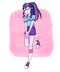 Size: 1000x1200 | Tagged: safe, artist:tamoqu, derpibooru import, sci-twi, twilight sparkle, equestria girls, legend of everfree, clothes, converse, cute, female, glasses, looking away, no pupils, ponytail, shirt, shoes, shorts, smiling, sneakers, socks, solo, t-shirt, twiabetes