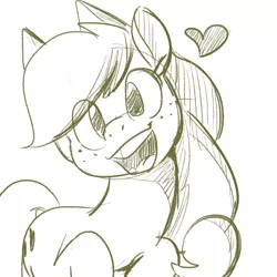 Size: 700x700 | Tagged: safe, artist:goat train, deleted from derpibooru, derpibooru import, applejack, earth pony, pony, cute, female, freckles, heart, jackabetes, looking at you, mare, missing accessory, monochrome, open mouth, simple background, sketch, smiling, solo, white background