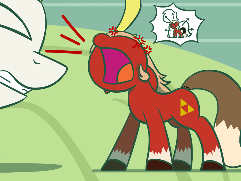 Size: 1800x1350 | Tagged: safe, artist:flutterluv, derpibooru import, surprise, pony, angry, atg 2017, cross-popping veins, epona, eyes closed, female, mare, micro, newbie artist training grounds, open mouth, size difference, the legend of zelda, yelling