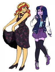 Size: 1998x2601 | Tagged: safe, artist:overlordneon, derpibooru import, sunset shimmer, twilight sparkle, equestria girls, clothes, dress, female, floral print, high heels, jacket, lesbian, letterman jacket, looking back, shipping, shirt, shoes, simple background, skirt, smiling, stockings, sunsetsparkle, thigh highs, zettai ryouiki