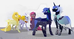 Size: 600x318 | Tagged: safe, artist:basykail, derpibooru import, oc, oc:bright nova, oc:feather moon, oc:light purity, oc:lucky punk, oc:night wing, oc:white blade, unofficial characters only, pegasus, pony, unicorn, cloak, clothes, female, laughing, male, mare, stallion, watermark