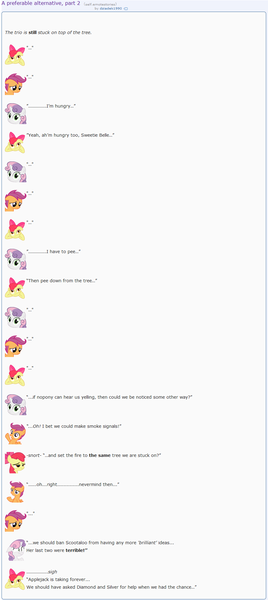 Size: 873x1958 | Tagged: safe, artist:dziadek1990, derpibooru import, apple bloom, scootaloo, sweetie belle, pony, bad idea, bored, conversation, cutie mark crusaders, dialogue, emote story, emote story:a preferable alternative, emote story:two storylines collide, emotes, fire, hungry, impatient, reddit, slice of life, stuck, text, tree, waiting