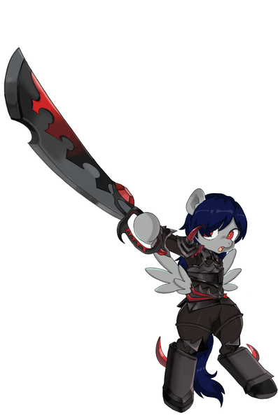 Size: 1270x1920 | Tagged: safe, artist:jus+ice, derpibooru import, oc, oc:hearts laughter, unofficial characters only, pegasus, pony, armor, bipedal, dark, hoof hold, male, simple background, solo, spread wings, sword, weapon, wings