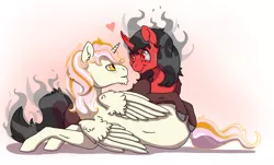 Size: 1148x695 | Tagged: safe, artist:anonymous-potayto, derpibooru import, oc, oc:angel cake, oc:whispers, unofficial characters only, alicorn, pony, crack ship offspring, female, interspecies offspring, magical gay spawn, male, oc x oc, offspring, offspring shipping, parent:cheese sandwich, parent:king sombra, parent:lord tirek, parent:princess celestia, parents:cheeselestia, parents:sombrek, prone, shipping, stallion, straight