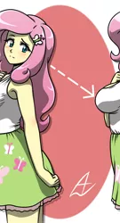 Size: 700x1300 | Tagged: suggestive, artist:acesrockz, derpibooru import, fluttershy, equestria girls, abstract, big breasts, blushing, breasts, busty fluttershy, clothes, female, hairpin, looking back, now you're thinking with portals, portal, skirt, solo, solo female, tanktop