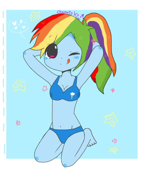 Size: 1152x1380 | Tagged: safe, artist:chametzkiwi, derpibooru import, rainbow dash, equestria girls, belly button, bikini, clothes, female, human female, kneeling, one eye closed, ponytail, solo, swimsuit, tongue out, wink