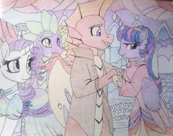 Size: 1024x802 | Tagged: safe, artist:evergreen-gemdust, derpibooru import, garble, rarity, spike, twilight sparkle, twilight sparkle (alicorn), alicorn, dragon, pony, bipedal, clothes, crack shipping, dancing, dress, female, male, shipping, straight, traditional art, twigarble