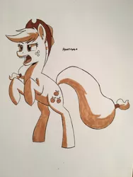 Size: 3024x4032 | Tagged: safe, artist:hypno, derpibooru import, applejack, earth pony, pony, angry, monochrome, rearing, simple background, solo, traditional art