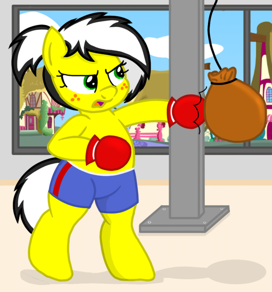 Size: 2790x3000 | Tagged: safe, artist:an-tonio, artist:toyminator900, derpibooru import, edit, oc, oc:uppercute, unofficial characters only, pony, bipedal, boxing gloves, clothes, freckles, punching bag, shorts, solo, window