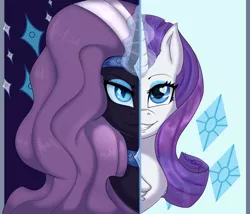 Size: 2776x2373 | Tagged: safe, artist:diamondsparkle7, derpibooru import, nightmare rarity, rarity, pony, bust, duality, high res, magic, portrait, split screen