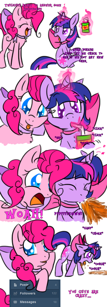 Size: 700x2000 | Tagged: safe, artist:justagirlonline, derpibooru import, pinkie pie, twilight sparkle, pony, ask cute twinkie pie, ask, female, lesbian, neck bow, shipping, spit take, tumblr, twinkie