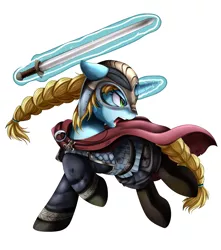 Size: 3405x3856 | Tagged: safe, artist:pridark, derpibooru import, oc, oc:faye stal, unofficial characters only, pony, unicorn, armor, clothes, female, glowing horn, helmet, horned helmet, magic, mare, simple background, solo, sword, transparent background, viking, viking helmet, weapon