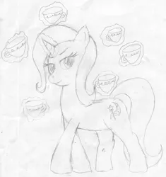 Size: 2168x2302 | Tagged: safe, artist:steelph, derpibooru import, trixie, pony, unicorn, cup, female, looking at you, magic, magic aura, simple background, sketch, smiling, smirk, solo, teacup, that pony sure does love teacups, traditional art