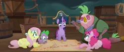 Size: 2048x858 | Tagged: safe, derpibooru import, screencap, fluttershy, lix spittle, pinkie pie, spike, twilight sparkle, twilight sparkle (alicorn), alicorn, dragon, earth pony, parrot pirates, pegasus, pony, my little pony: the movie, cute, female, frown, grin, hair hold, hat, headband, looking up, map, mare, pirate, pirate hat, prehensile mane, prone, quill, serious, serious face, sitting, smiling, smirk