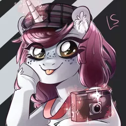 Size: 3000x3000 | Tagged: safe, artist:lavendersweet69, derpibooru import, oc, oc:pairing, unofficial characters only, pony, unicorn, camera, female, freckles, glowing horn, hat, looking at you, mare, smiling, solo, tongue out