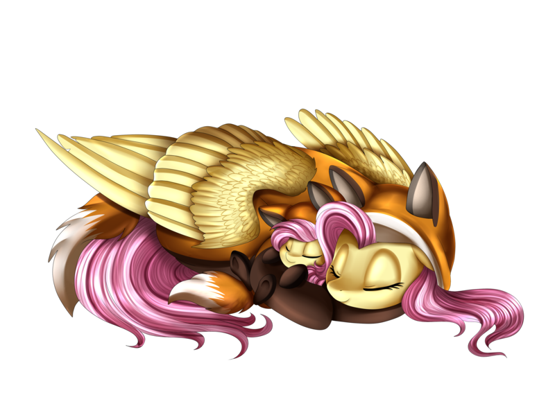 Size: 3698x2711 | Tagged: safe, artist:pridark, derpibooru import, fluttershy, fox, pegasus, pony, animal costume, baby, baby pony, clothes, commission, costume, cute, female, filly, filly fluttershy, mare, pajamas, self ponidox, shyabetes, simple background, sleeping, smiling, transparent background, weapons-grade cute, younger