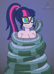 Size: 2146x2947 | Tagged: suggestive, artist:lunahazacookie, derpibooru import, sci-twi, twilight sparkle, snake, equestria girls, bare shoulders, bliss, breasts, cleavage, coils, crossover, eyelashes, glasses, gradient background, happy trance, hypnosis, hypnotized, implied nudity, kaa, kaa eyes, long hair, mind control, shoulder massage, smiling, the jungle book, this will end in vore, this will not end well, trance, twisub
