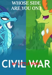 Size: 700x1000 | Tagged: captain america, captain america: civil war, changedling, changeling, crossover, derpibooru import, dragon, dragoness, female, king thorax, marvel, poster, princess ember, safe, split screen, thorax, title drop, triple threat