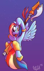 Size: 640x1024 | Tagged: safe, artist:chazcatrix, derpibooru import, rainbow dash, pegasus, pony, armor, face paint, flying, halberd, weapon