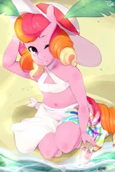 Size: 2000x3000 | Tagged: safe, artist:pijinpyon, derpibooru import, oc, oc:honeycrisp blossom, unofficial characters only, anthro, earth pony, armpits, beach, belly button, bikini, breasts, clothes, cute, delicious flat chest, female, freckles, hat, mare, midriff, ocean, parent:big macintosh, parent:princess cadance, parents:cadmac, solo, sun hat, swimsuit