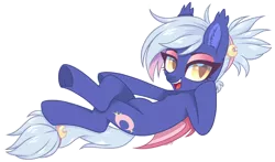 Size: 2138x1255 | Tagged: safe, artist:hawthornss, derpibooru import, oc, oc:moon sugar, unofficial characters only, bat pony, pony, armpits, bedroom eyes, chest fluff, cute, cute little fangs, ear fluff, eyeshadow, fangs, looking at you, makeup, open mouth, smiling, underhoof