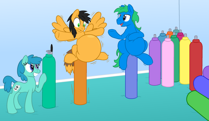 Size: 2600x1500 | Tagged: questionable, artist:wydart, derpibooru import, oc, oc:interrobang, oc:linework, oc:twintails, unofficial characters only, earth pony, pegasus, pony, balancing, belly, big belly, calm, flailing, helium inflation, helium tank, indoors, inflation, squishy, story included, this will end in balloons, valve, worried