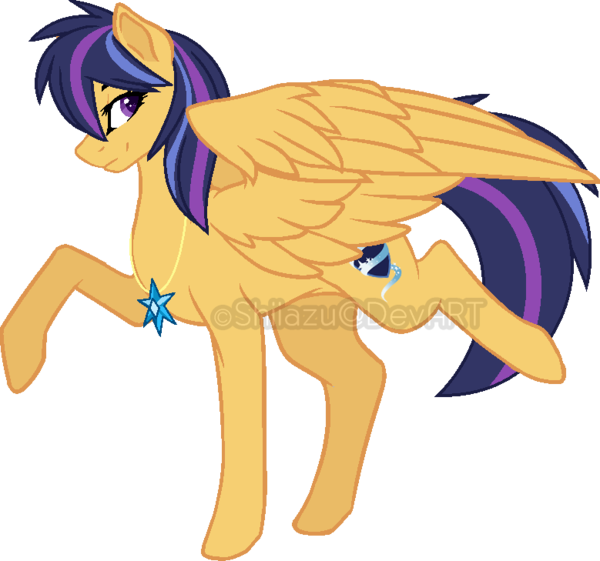 Size: 600x561 | Tagged: safe, artist:shiiazu, derpibooru import, oc, oc:nova star sparkle, unofficial characters only, pegasus, pony, base used, colored pupils, cutie mark, element of magic, female, jewelry, looking at you, mare, necklace, next generation, offspring, parent:flash sentry, parent:twilight sparkle, parents:flashlight, shield, simple background, smiling, solo, transparent background, watermark