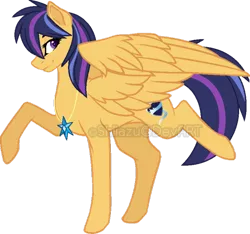 Size: 600x561 | Tagged: safe, artist:shiiazu, derpibooru import, oc, oc:nova star sparkle, unofficial characters only, pegasus, pony, base used, colored pupils, cutie mark, element of magic, female, jewelry, looking at you, mare, necklace, next generation, offspring, parent:flash sentry, parent:twilight sparkle, parents:flashlight, shield, simple background, smiling, solo, transparent background, watermark