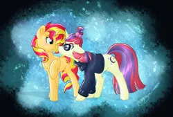 Size: 2784x1884 | Tagged: safe, artist:ruushiicz, derpibooru import, moondancer, sunset shimmer, pony, unicorn, clothes, crack shipping, female, glasses, lesbian, looking at each other, mare, moonset, shipping, sweater