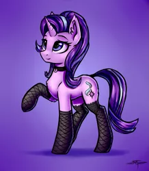 Size: 817x935 | Tagged: safe, artist:setharu, derpibooru import, starlight glimmer, pony, unicorn, choker, clothes, collar, cute, female, fishnets, glimmerbetes, mare, pet glimmer, raised hoof, simple background, smiling, solo, stockings, tail wrap, thigh highs