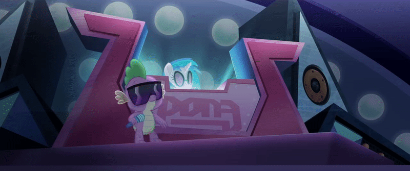 Size: 800x335 | Tagged: safe, derpibooru import, screencap, spike, vinyl scratch, dragon, my little pony: the movie, animated, cartoon network, cute, gif, mc spike, microphone, singing, song, spikabetes, stage, sunglasses